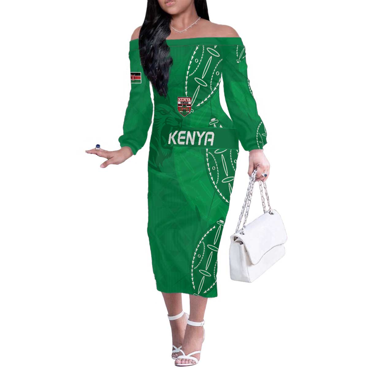 Kenya Rugby Custom Family Matching Off The Shoulder Long Sleeve Dress and Hawaiian Shirt Go Champions Simbas - Green Color