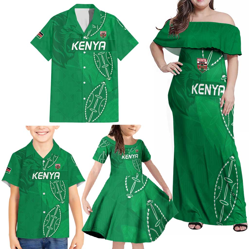 Kenya Rugby Custom Family Matching Off Shoulder Maxi Dress and Hawaiian Shirt Go Champions Simbas - Green Color