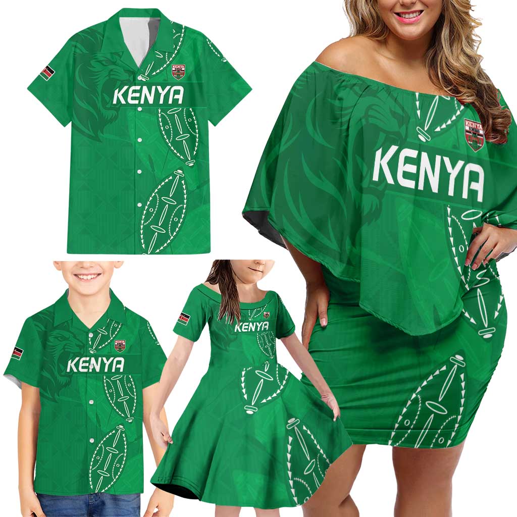 Kenya Rugby Custom Family Matching Off Shoulder Short Dress and Hawaiian Shirt Go Champions Simbas - Green Color