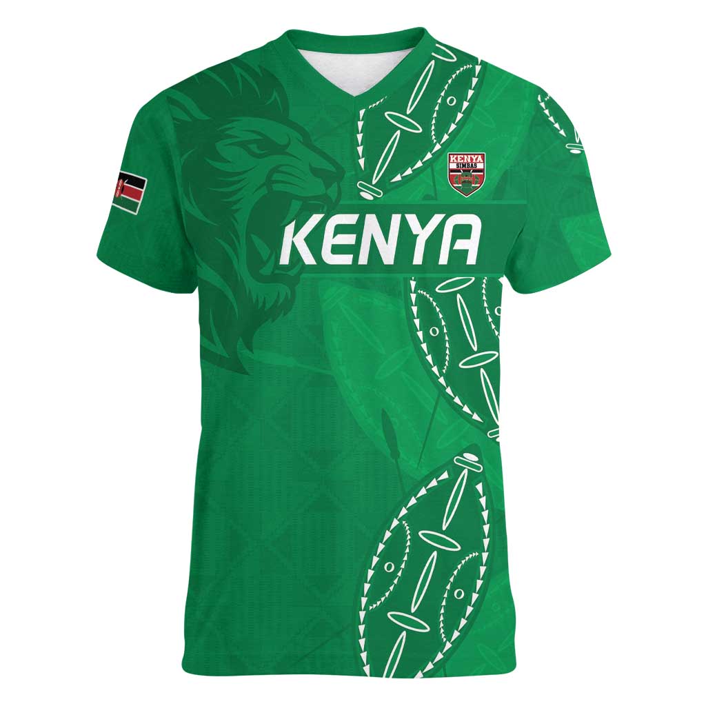 Kenya Rugby Custom Women V-Neck T-Shirt Go Champions Simbas - Green Color