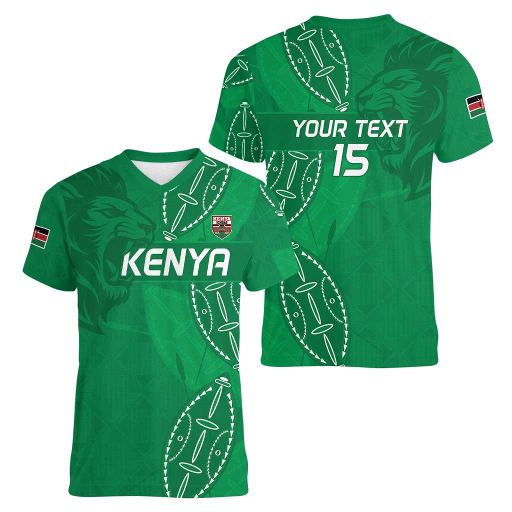 Kenya Rugby Custom Women V-Neck T-Shirt Go Champions Simbas - Green Color