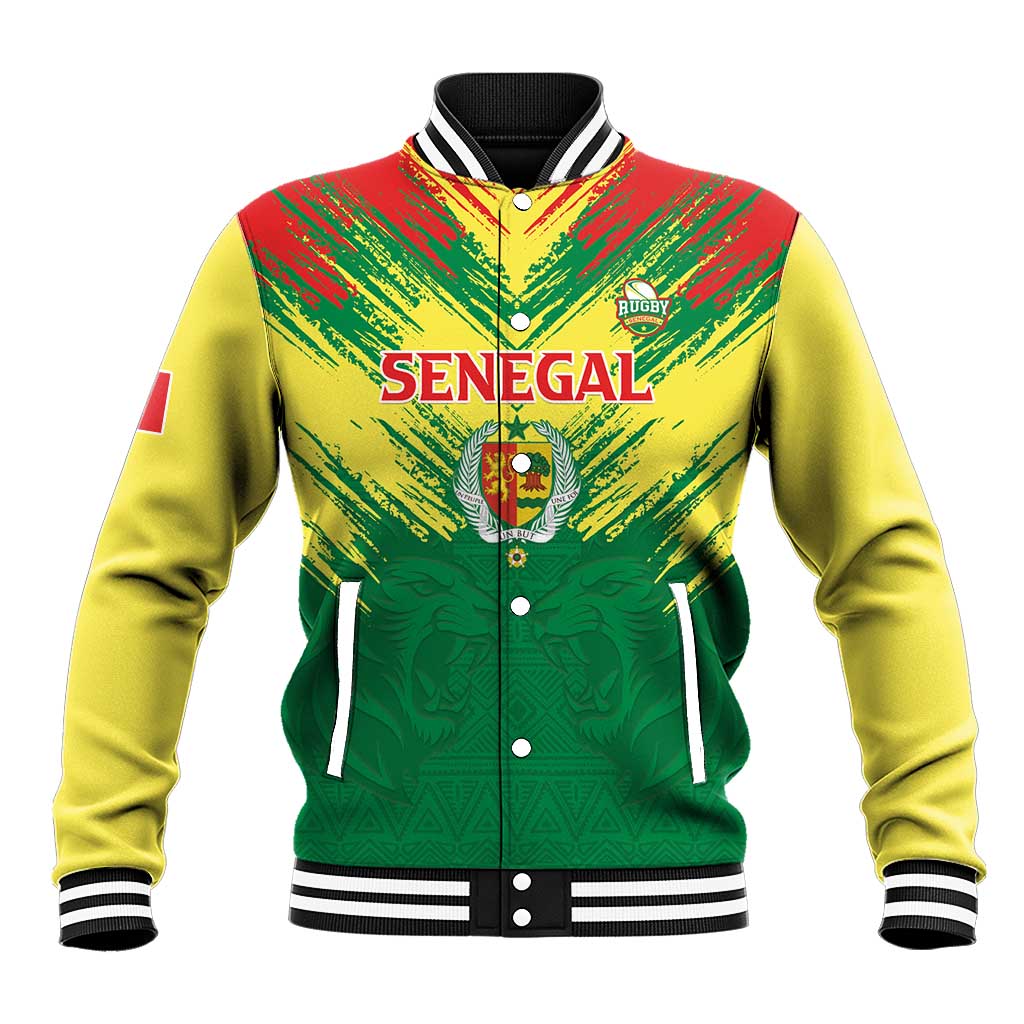 Senegal Rugby Custom Baseball Jacket Lion With Coat Of Arms - African Pattern