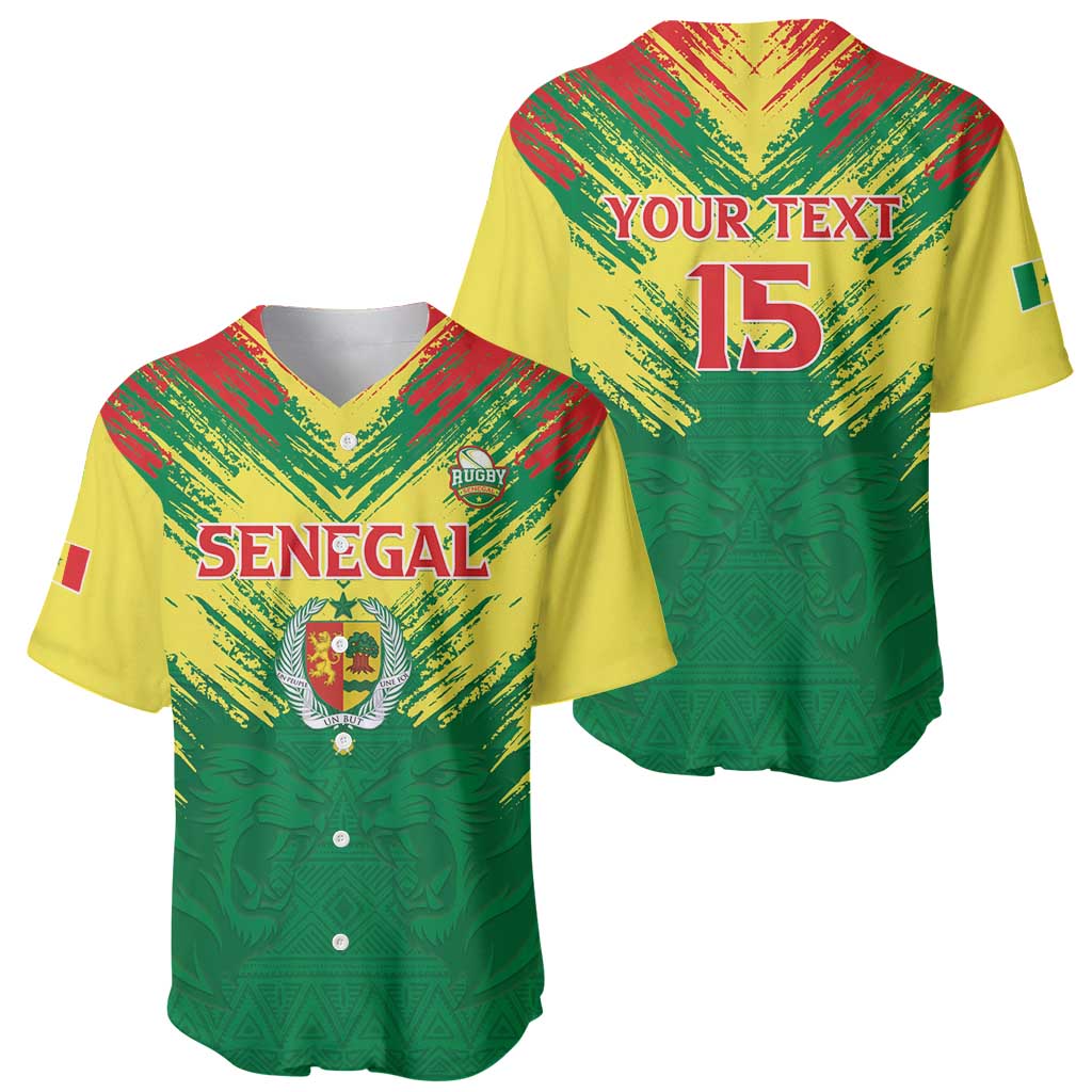 Senegal Rugby Custom Baseball Jersey Lion With Coat Of Arms - African Pattern
