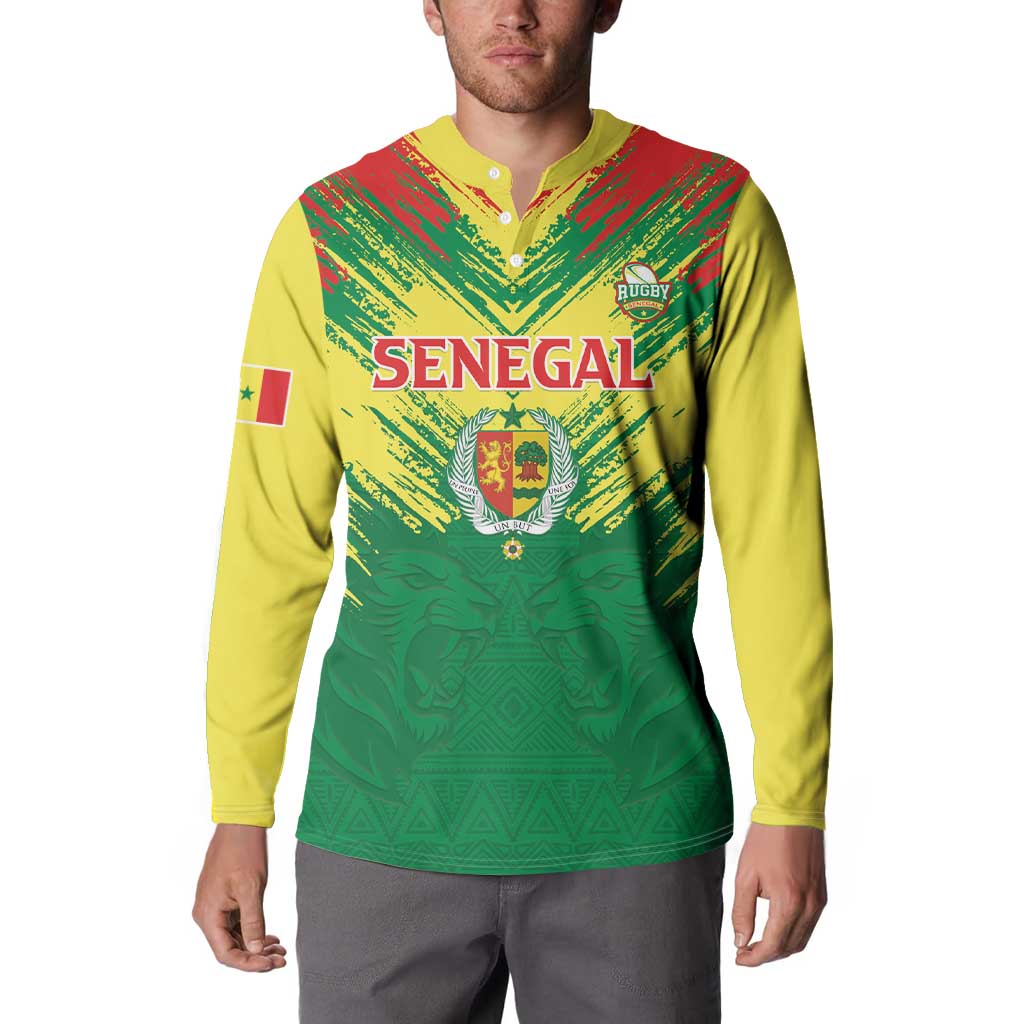 Senegal Rugby Custom Button Sweatshirt Lion With Coat Of Arms - African Pattern