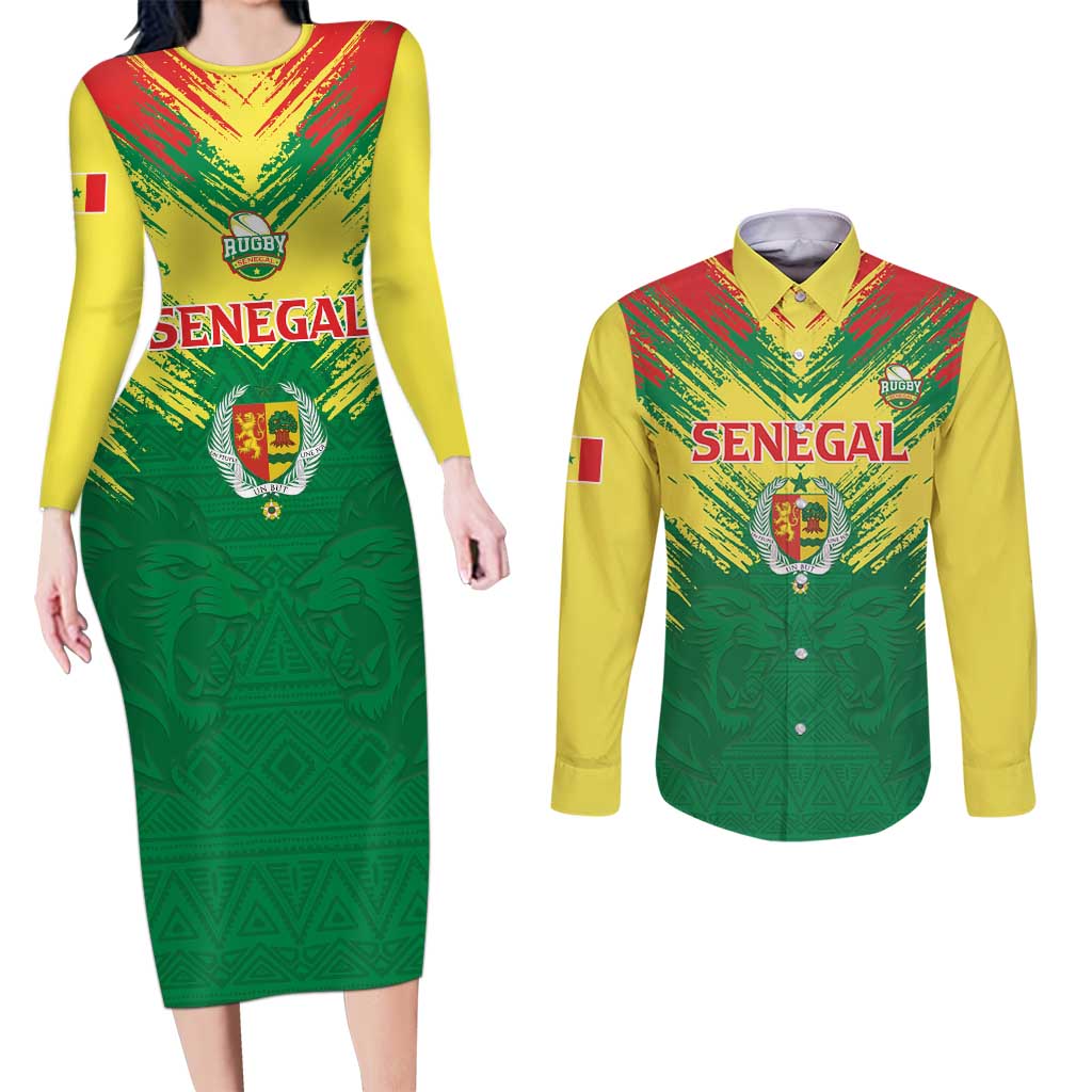 Senegal Rugby Custom Couples Matching Long Sleeve Bodycon Dress and Long Sleeve Button Shirt Lion With Coat Of Arms - African Pattern