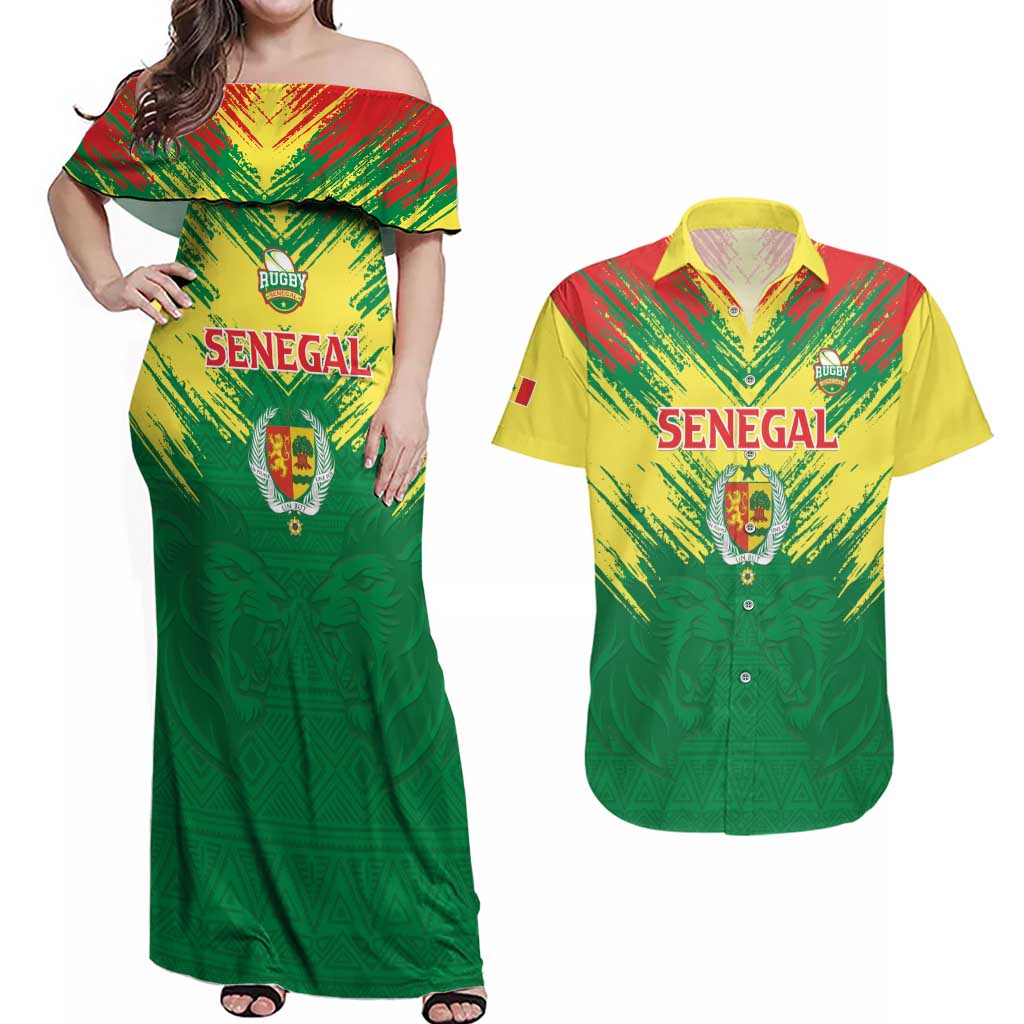 Senegal Rugby Custom Couples Matching Off Shoulder Maxi Dress and Hawaiian Shirt Lion With Coat Of Arms - African Pattern
