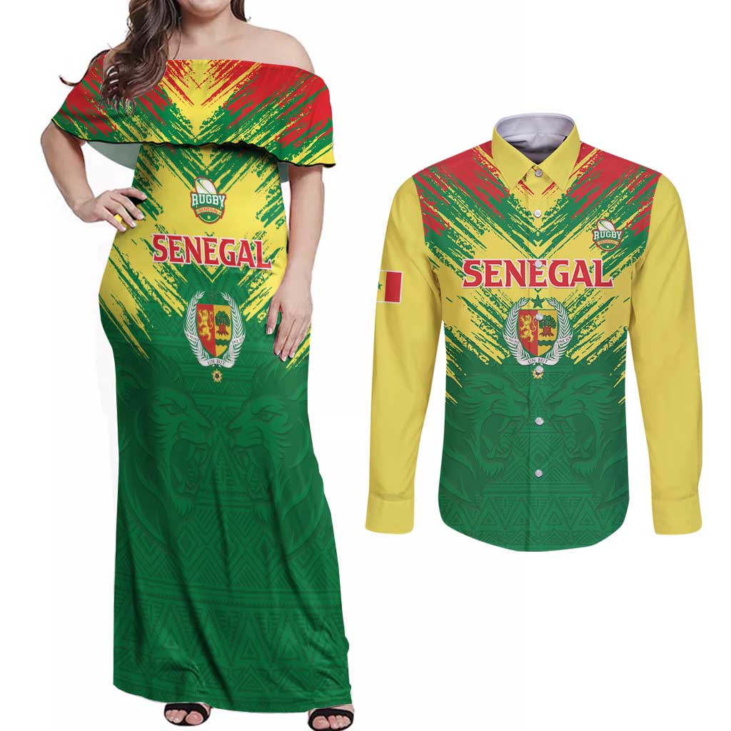 Senegal Rugby Custom Couples Matching Off Shoulder Maxi Dress and Long Sleeve Button Shirt Lion With Coat Of Arms - African Pattern