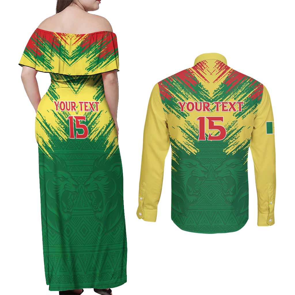 Senegal Rugby Custom Couples Matching Off Shoulder Maxi Dress and Long Sleeve Button Shirt Lion With Coat Of Arms - African Pattern