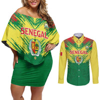 Senegal Rugby Custom Couples Matching Off Shoulder Short Dress and Long Sleeve Button Shirt Lion With Coat Of Arms - African Pattern