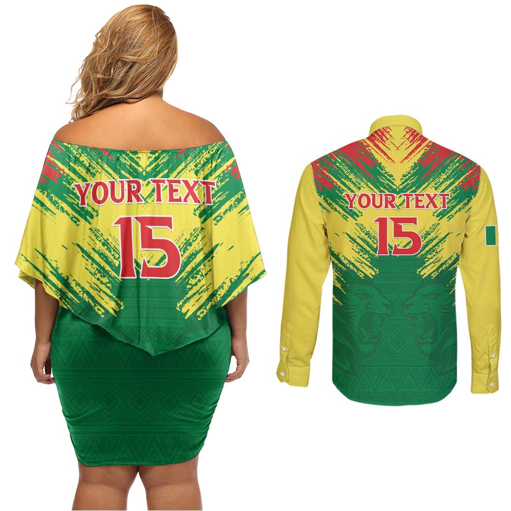 Senegal Rugby Custom Couples Matching Off Shoulder Short Dress and Long Sleeve Button Shirt Lion With Coat Of Arms - African Pattern