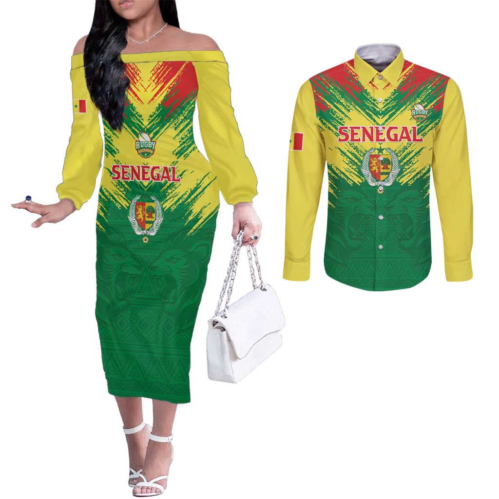 Senegal Rugby Custom Couples Matching Off The Shoulder Long Sleeve Dress and Long Sleeve Button Shirt Lion With Coat Of Arms - African Pattern