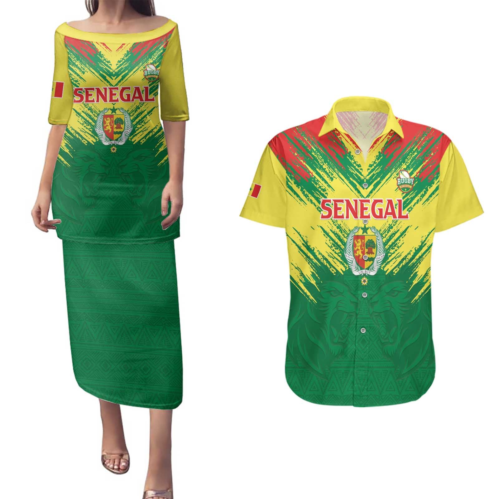 Senegal Rugby Custom Couples Matching Puletasi and Hawaiian Shirt Lion With Coat Of Arms - African Pattern
