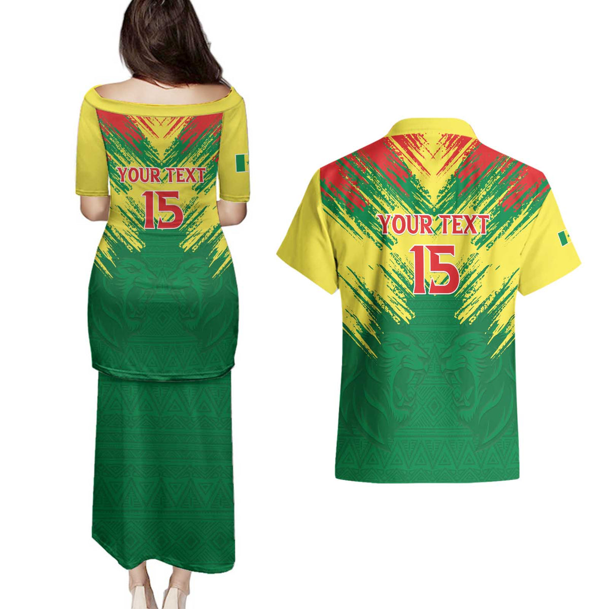 Senegal Rugby Custom Couples Matching Puletasi and Hawaiian Shirt Lion With Coat Of Arms - African Pattern