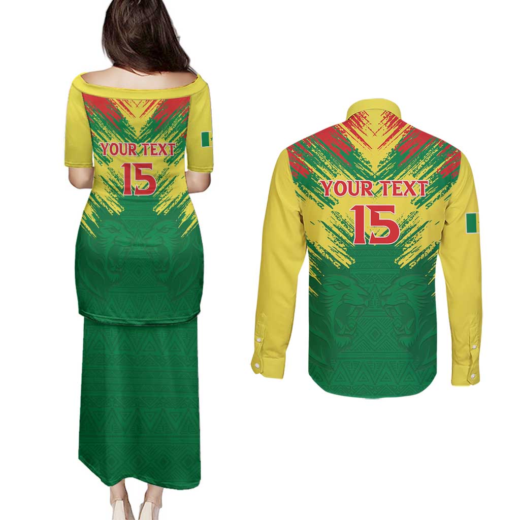 Senegal Rugby Custom Couples Matching Puletasi and Long Sleeve Button Shirt Lion With Coat Of Arms - African Pattern