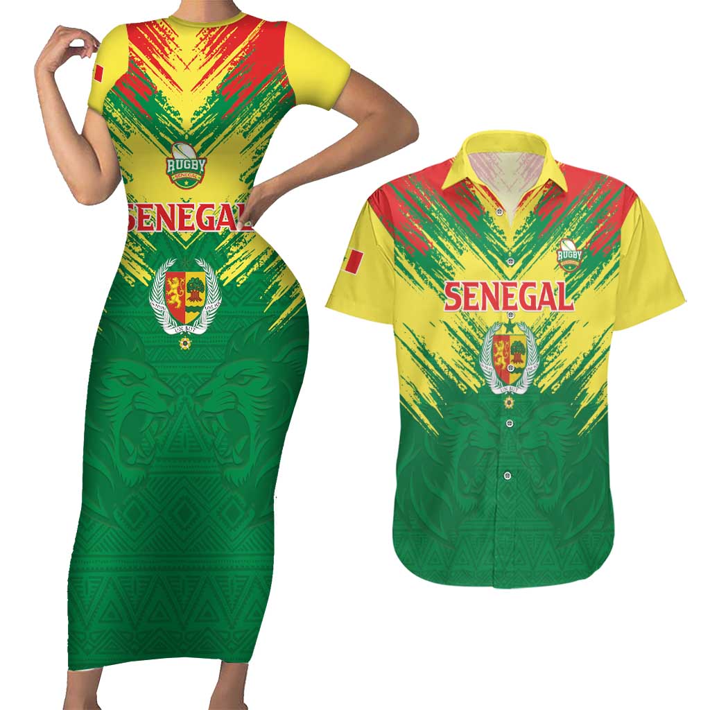 Senegal Rugby Custom Couples Matching Short Sleeve Bodycon Dress and Hawaiian Shirt Lion With Coat Of Arms - African Pattern