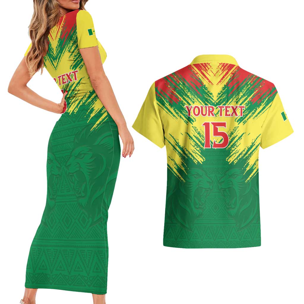 Senegal Rugby Custom Couples Matching Short Sleeve Bodycon Dress and Hawaiian Shirt Lion With Coat Of Arms - African Pattern
