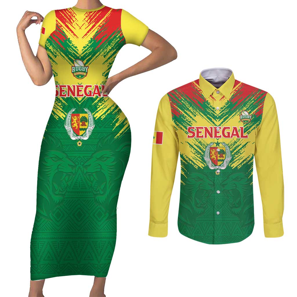 Senegal Rugby Custom Couples Matching Short Sleeve Bodycon Dress and Long Sleeve Button Shirt Lion With Coat Of Arms - African Pattern