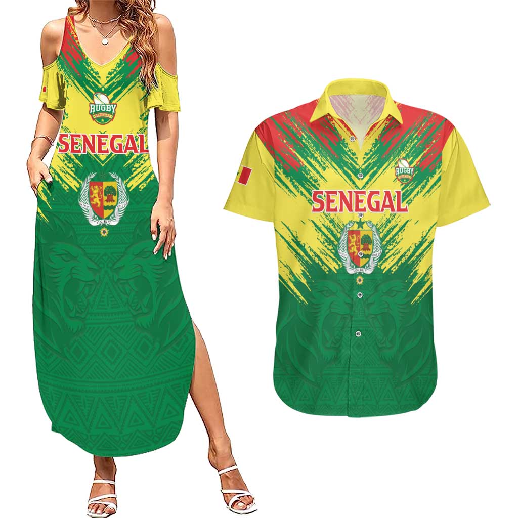 Senegal Rugby Custom Couples Matching Summer Maxi Dress and Hawaiian Shirt Lion With Coat Of Arms - African Pattern