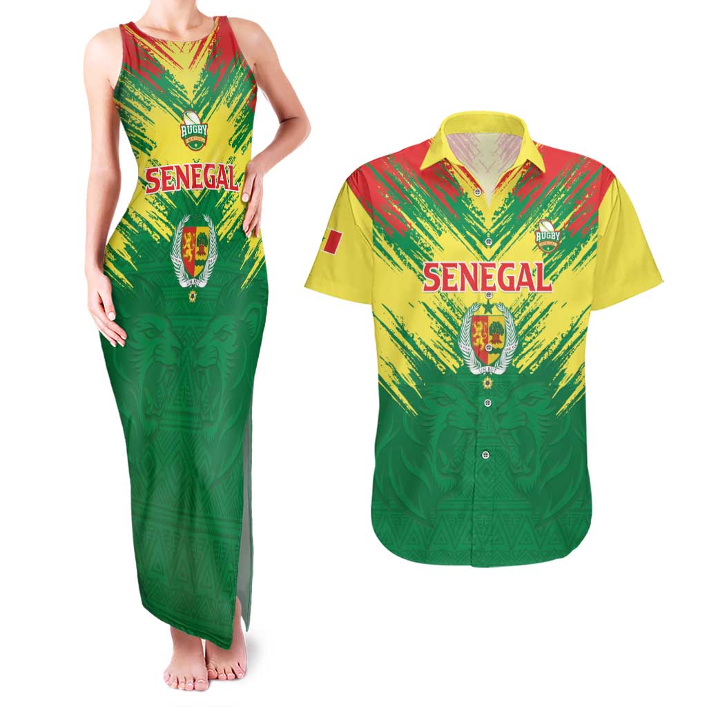 Senegal Rugby Custom Couples Matching Tank Maxi Dress and Hawaiian Shirt Lion With Coat Of Arms - African Pattern
