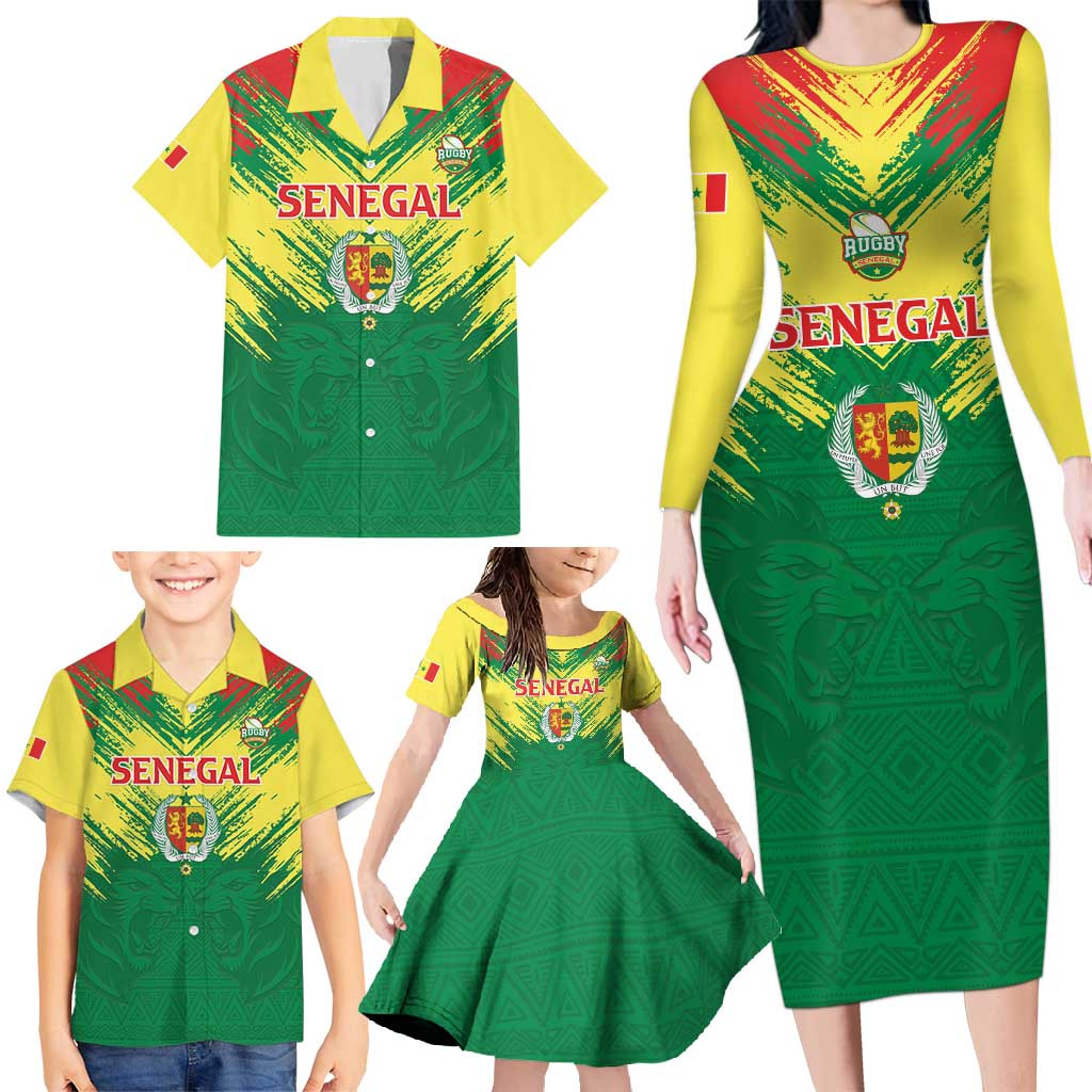 Senegal Rugby Custom Family Matching Long Sleeve Bodycon Dress and Hawaiian Shirt Lion With Coat Of Arms - African Pattern