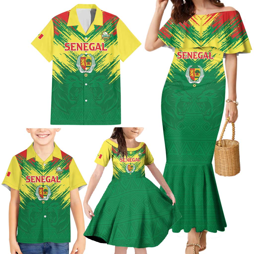 Senegal Rugby Custom Family Matching Mermaid Dress and Hawaiian Shirt Lion With Coat Of Arms - African Pattern