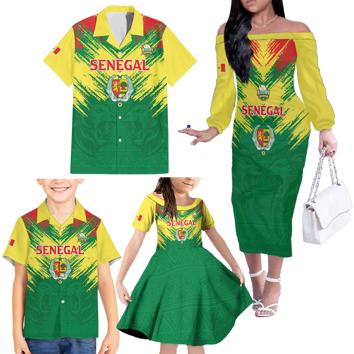 Senegal Rugby Custom Family Matching Off The Shoulder Long Sleeve Dress and Hawaiian Shirt Lion With Coat Of Arms - African Pattern