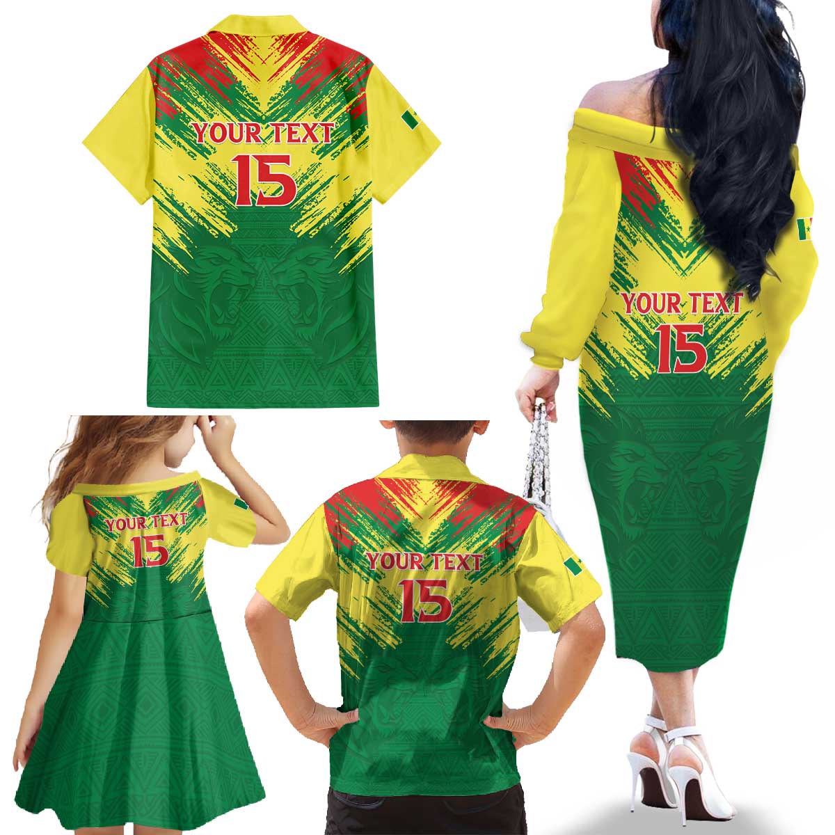 Senegal Rugby Custom Family Matching Off The Shoulder Long Sleeve Dress and Hawaiian Shirt Lion With Coat Of Arms - African Pattern