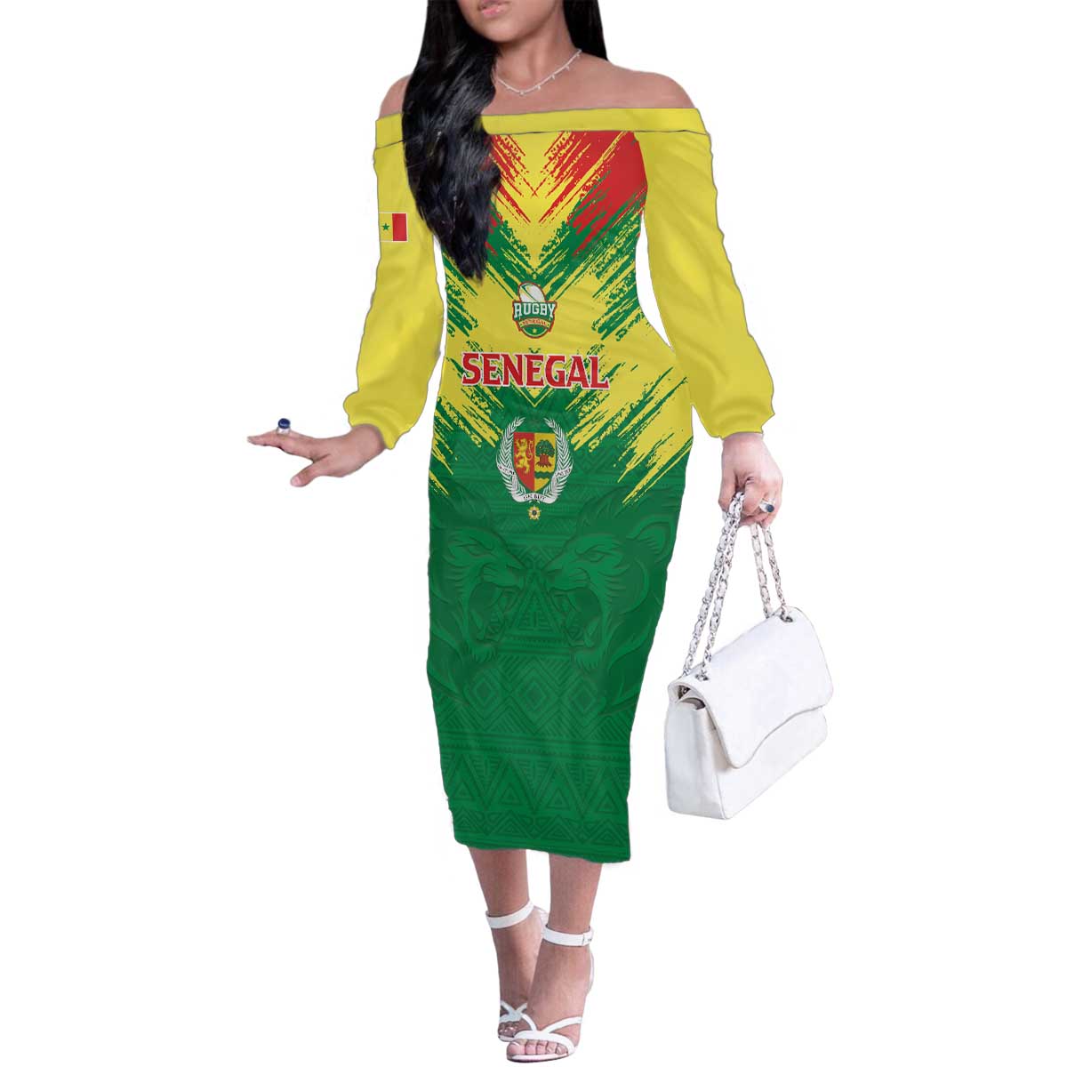 Senegal Rugby Custom Family Matching Off The Shoulder Long Sleeve Dress and Hawaiian Shirt Lion With Coat Of Arms - African Pattern