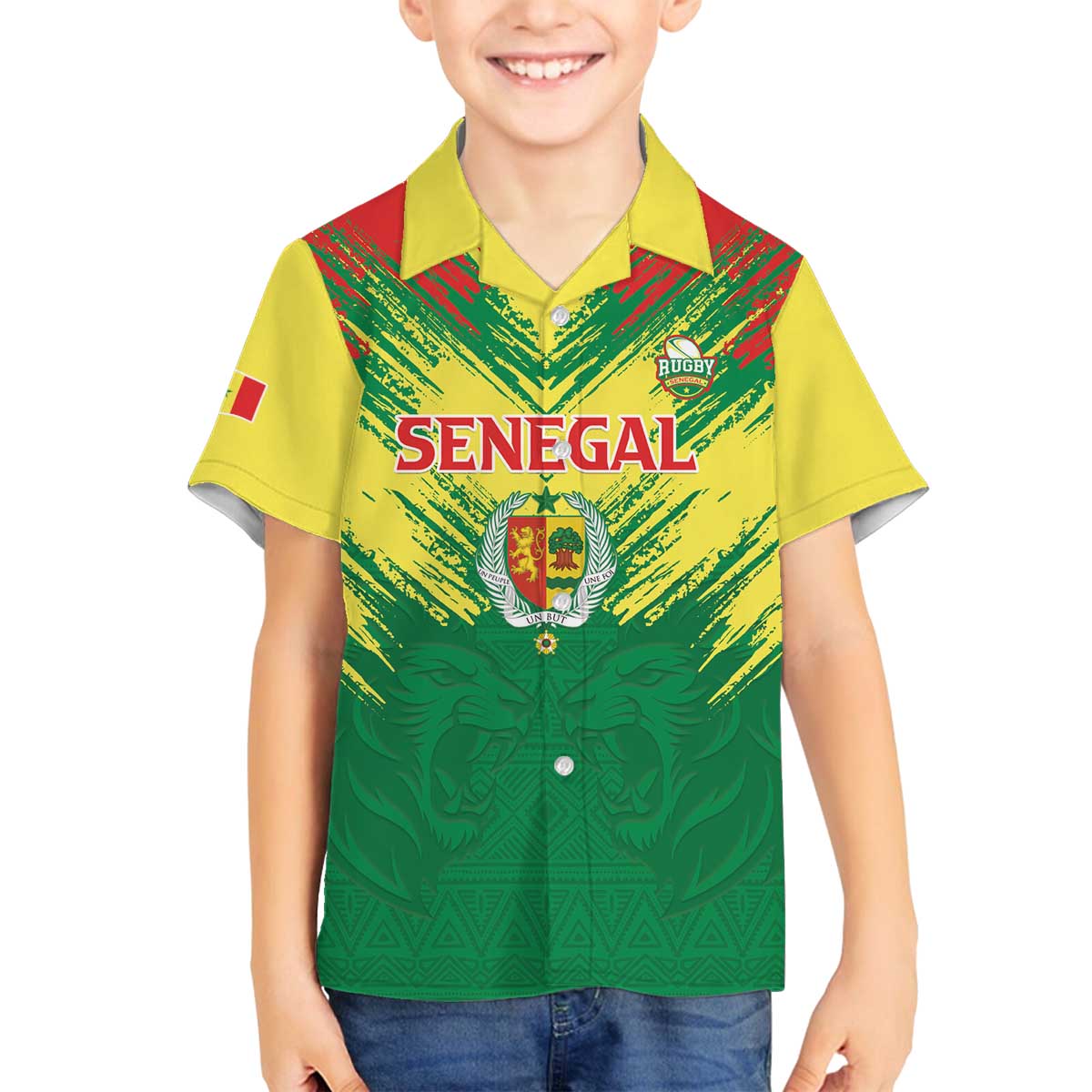 Senegal Rugby Custom Family Matching Off The Shoulder Long Sleeve Dress and Hawaiian Shirt Lion With Coat Of Arms - African Pattern