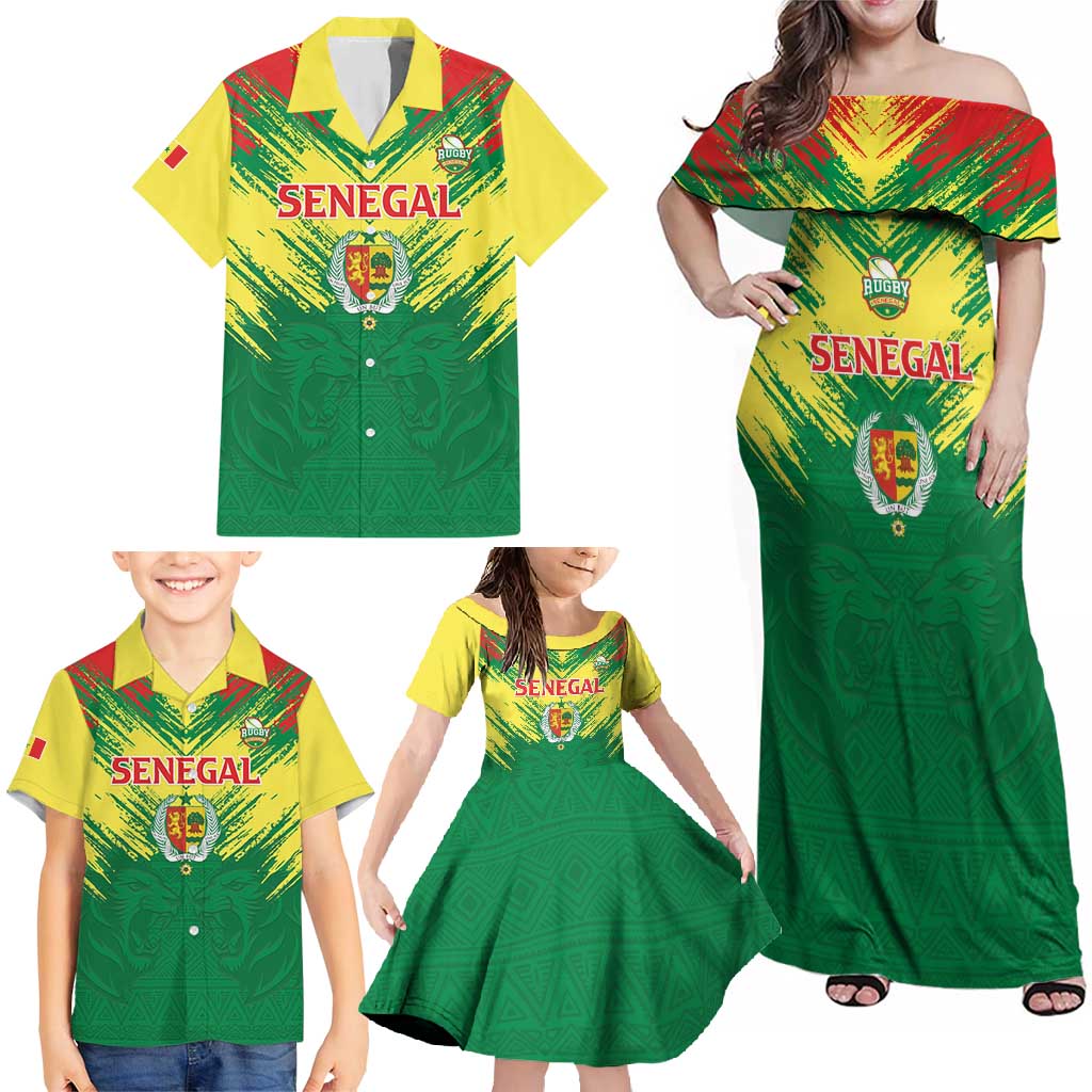 Senegal Rugby Custom Family Matching Off Shoulder Maxi Dress and Hawaiian Shirt Lion With Coat Of Arms - African Pattern