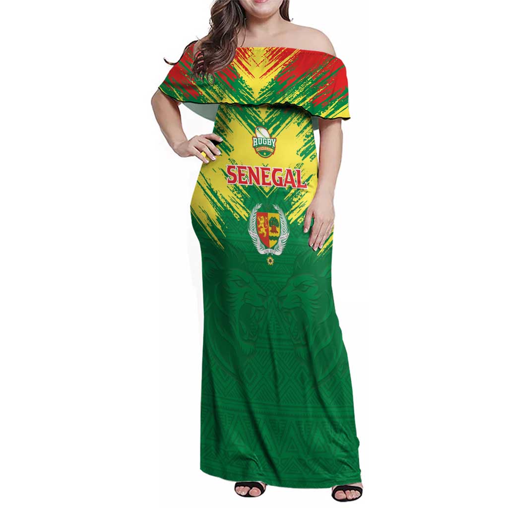 Senegal Rugby Custom Family Matching Off Shoulder Maxi Dress and Hawaiian Shirt Lion With Coat Of Arms - African Pattern