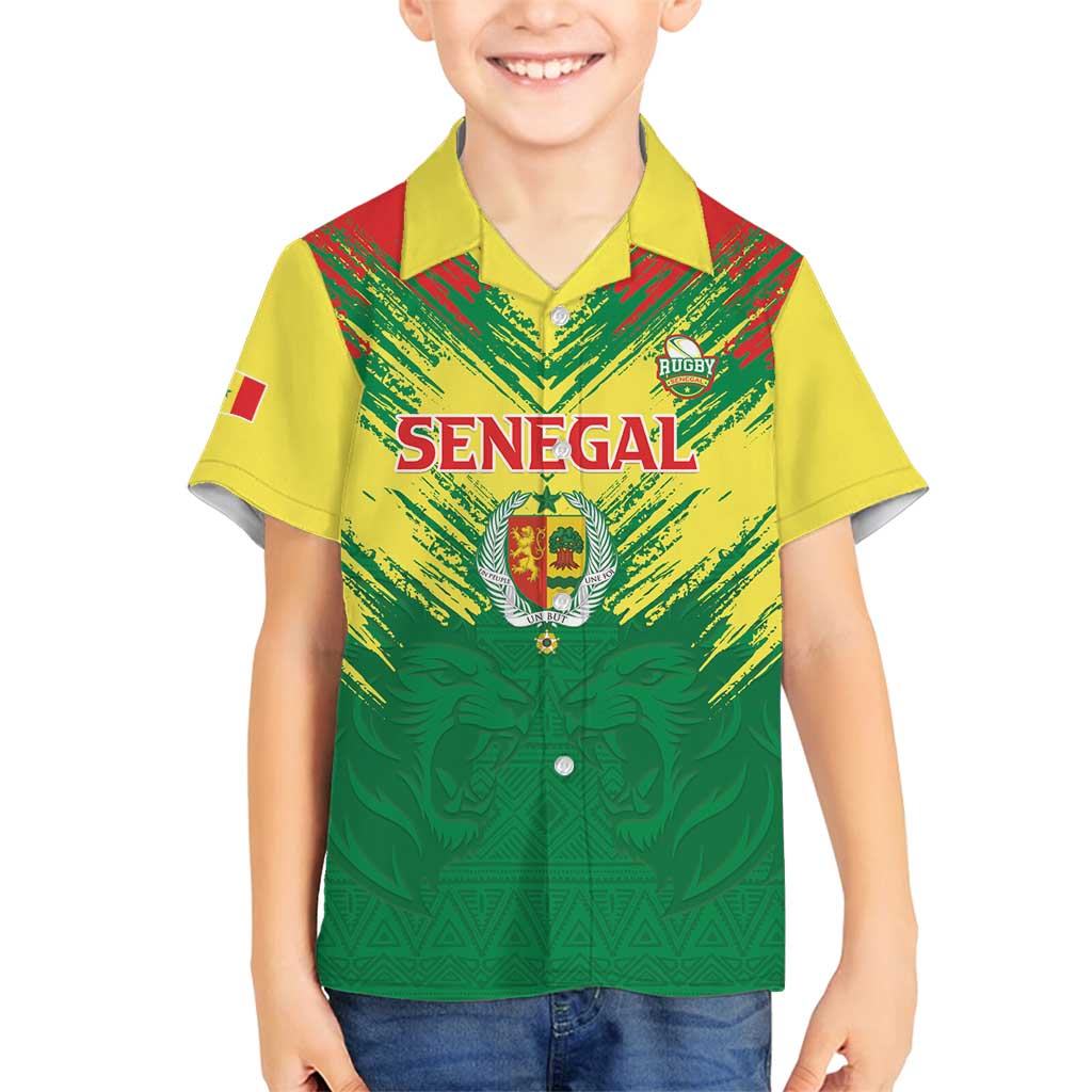 Senegal Rugby Custom Family Matching Off Shoulder Maxi Dress and Hawaiian Shirt Lion With Coat Of Arms - African Pattern