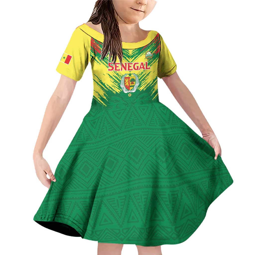 Senegal Rugby Custom Family Matching Off Shoulder Short Dress and Hawaiian Shirt Lion With Coat Of Arms - African Pattern