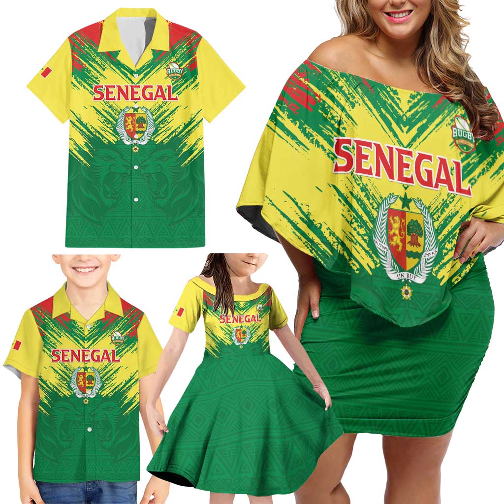 Senegal Rugby Custom Family Matching Off Shoulder Short Dress and Hawaiian Shirt Lion With Coat Of Arms - African Pattern