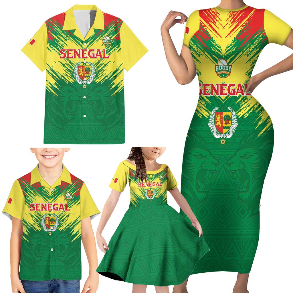 Senegal Rugby Custom Family Matching Short Sleeve Bodycon Dress and Hawaiian Shirt Lion With Coat Of Arms - African Pattern