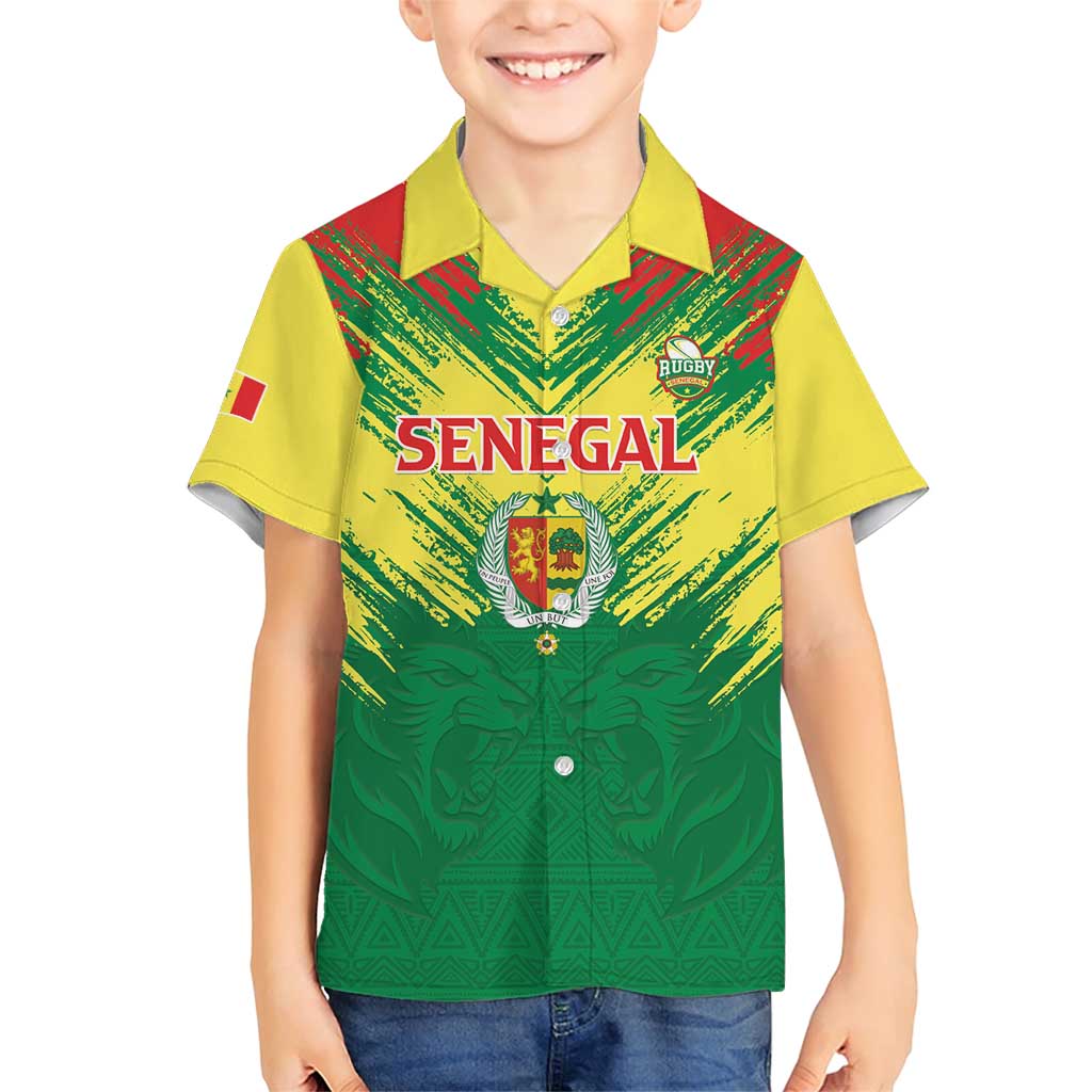 Senegal Rugby Custom Family Matching Short Sleeve Bodycon Dress and Hawaiian Shirt Lion With Coat Of Arms - African Pattern