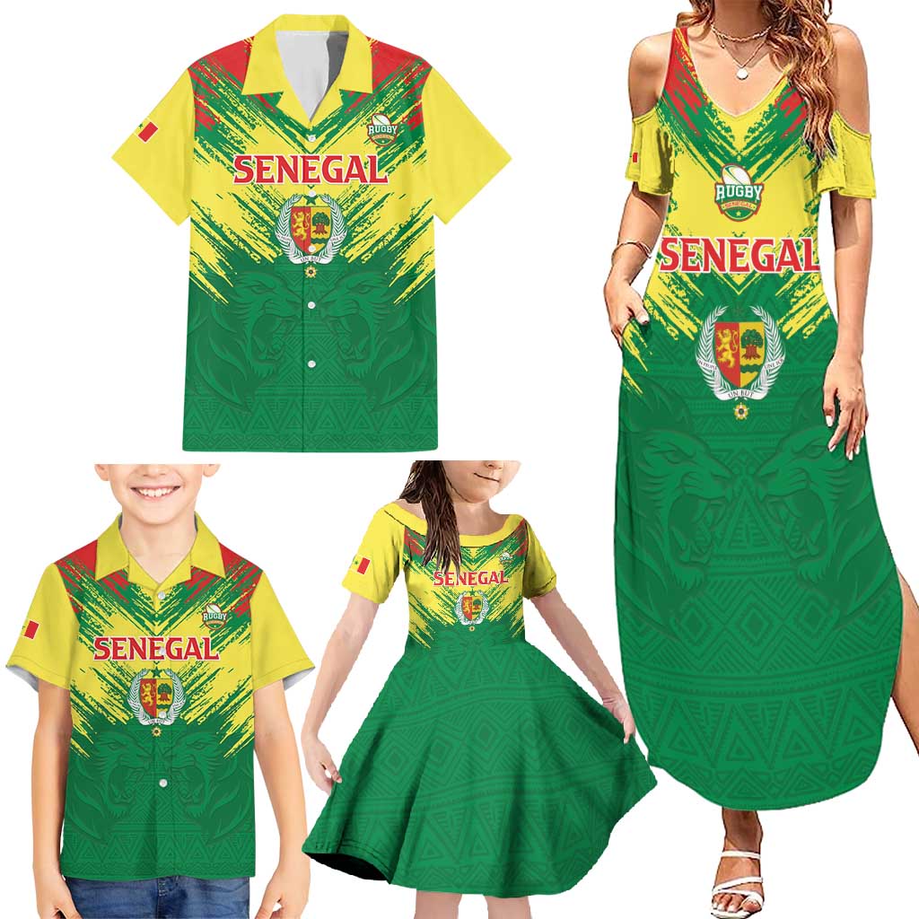 Senegal Rugby Custom Family Matching Summer Maxi Dress and Hawaiian Shirt Lion With Coat Of Arms - African Pattern