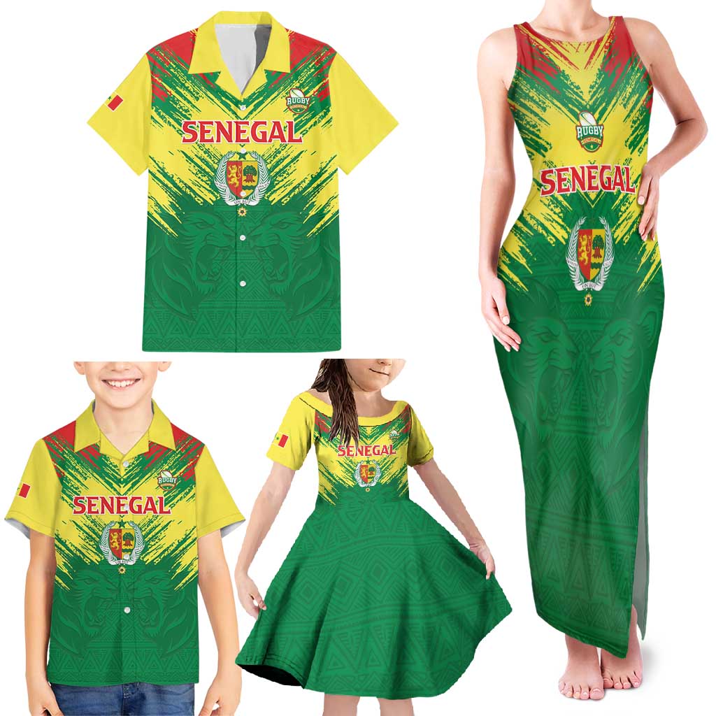 Senegal Rugby Custom Family Matching Tank Maxi Dress and Hawaiian Shirt Lion With Coat Of Arms - African Pattern