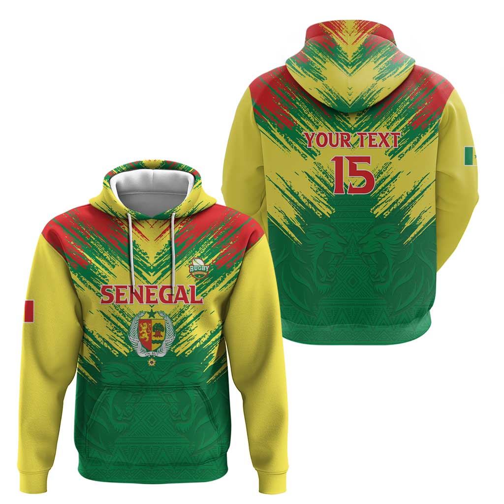 Senegal Rugby Custom Hoodie Lion With Coat Of Arms - African Pattern