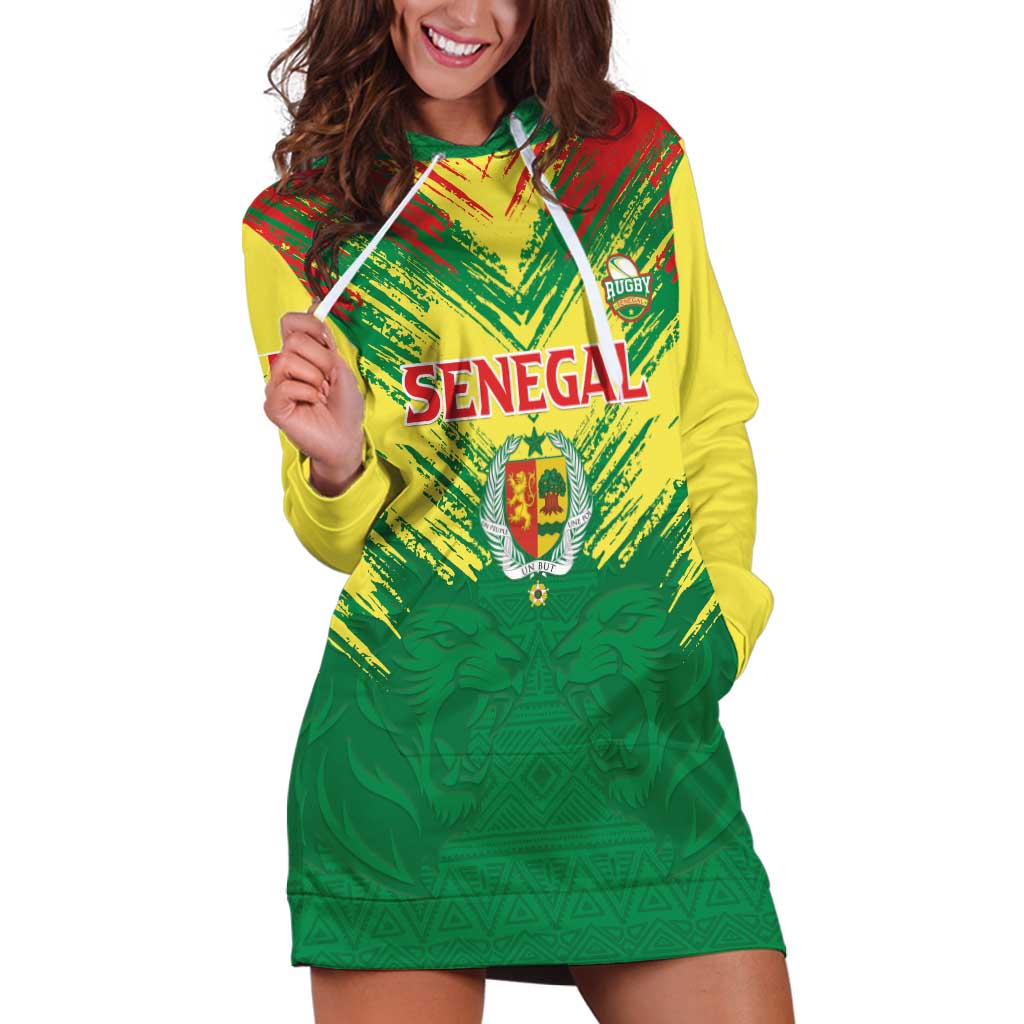 Senegal Rugby Custom Hoodie Dress Lion With Coat Of Arms - African Pattern