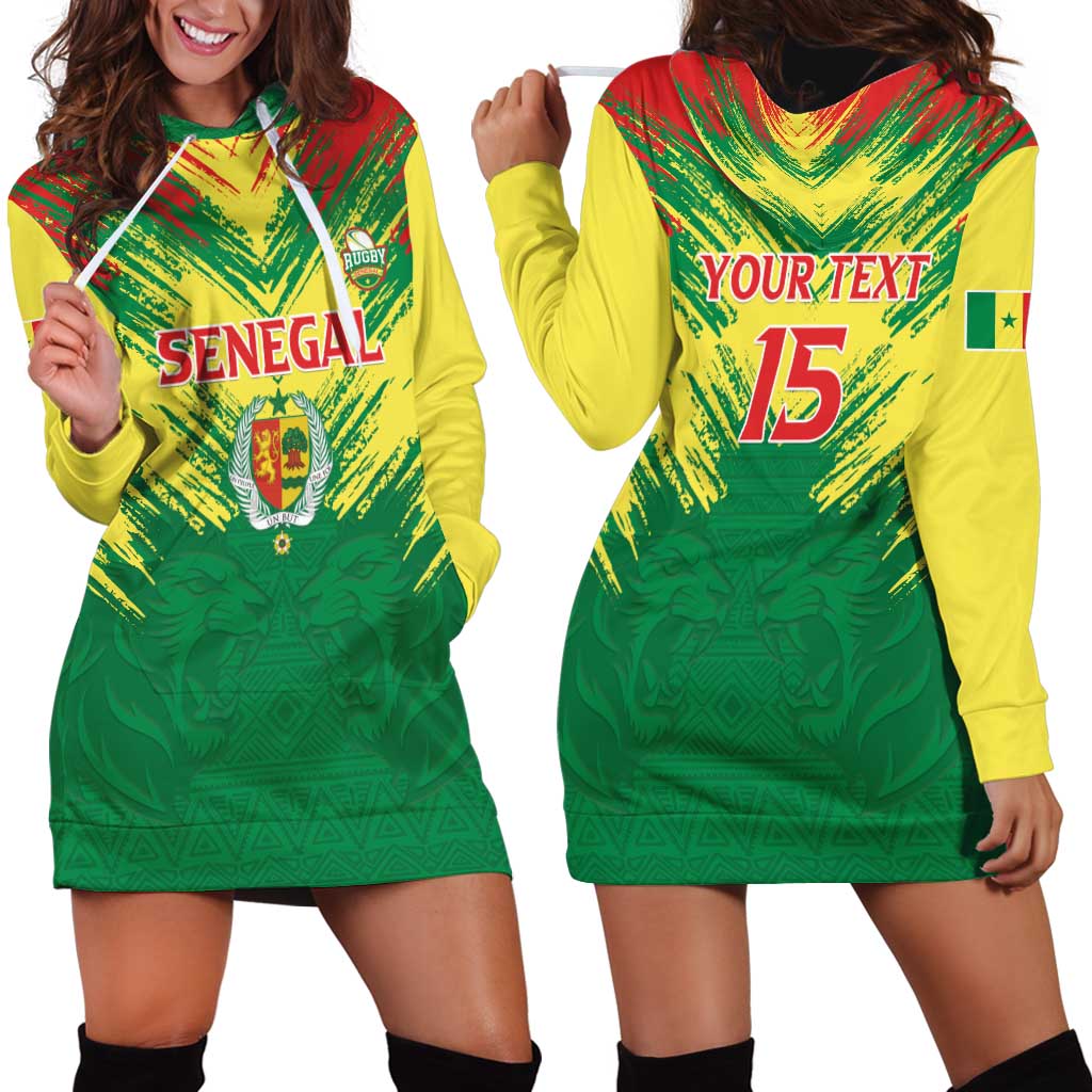 Senegal Rugby Custom Hoodie Dress Lion With Coat Of Arms - African Pattern