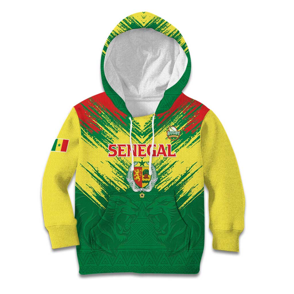 Senegal Rugby Custom Kid Hoodie Lion With Coat Of Arms - African Pattern