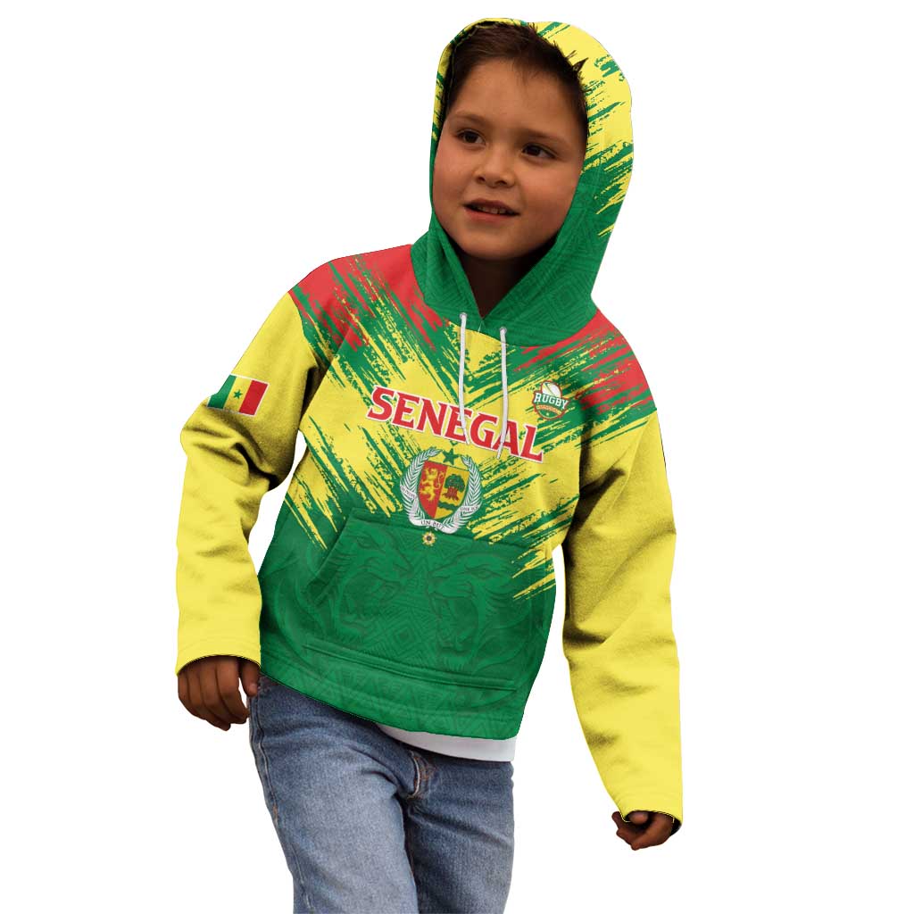 Senegal Rugby Custom Kid Hoodie Lion With Coat Of Arms - African Pattern
