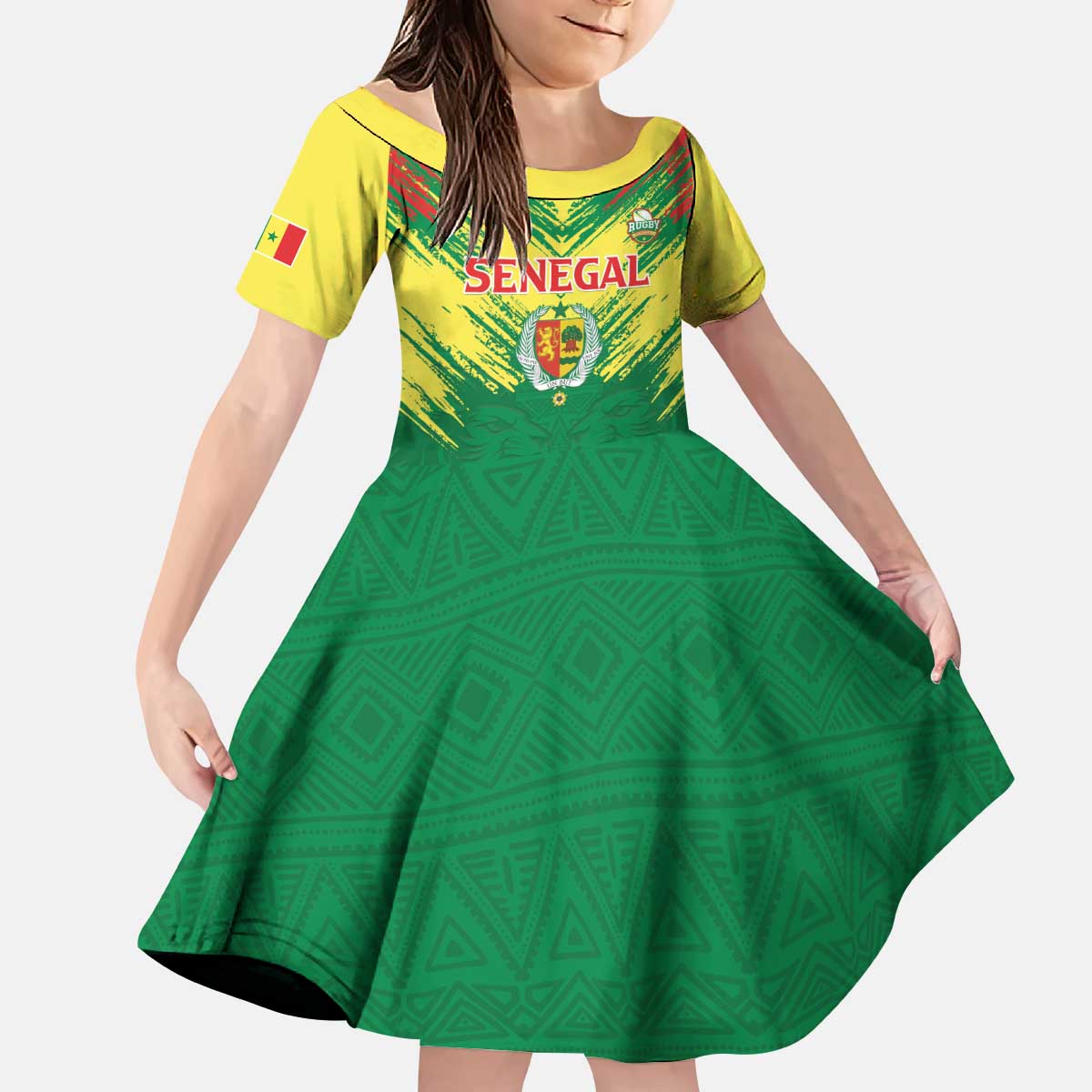 Senegal Rugby Custom Kid Short Sleeve Dress Lion With Coat Of Arms - African Pattern