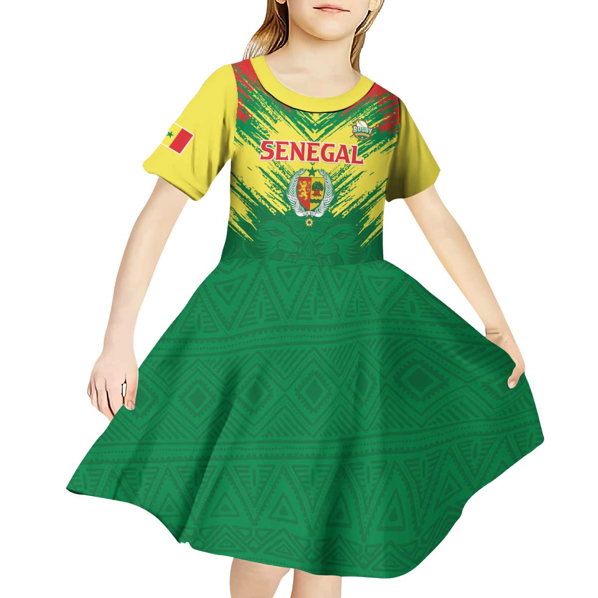 Senegal Rugby Custom Kid Short Sleeve Dress Lion With Coat Of Arms - African Pattern