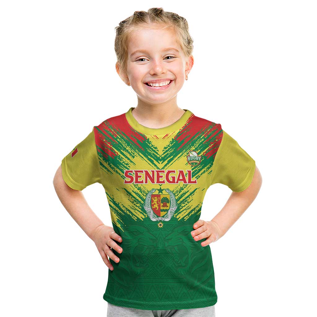 Senegal Rugby Custom Kid T Shirt Lion With Coat Of Arms - African Pattern