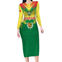 Senegal Rugby Custom Long Sleeve Bodycon Dress Lion With Coat Of Arms - African Pattern