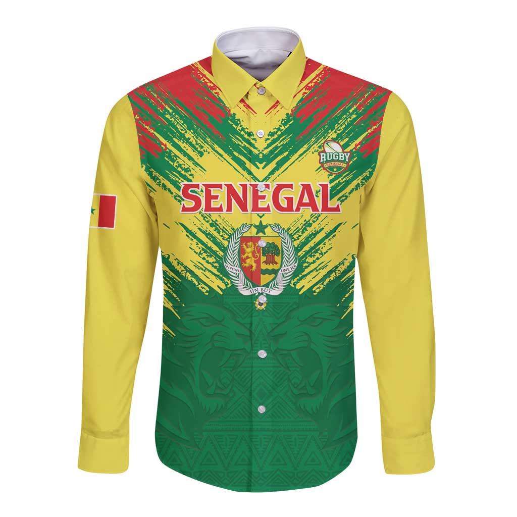 Senegal Rugby Custom Long Sleeve Button Shirt Lion With Coat Of Arms - African Pattern