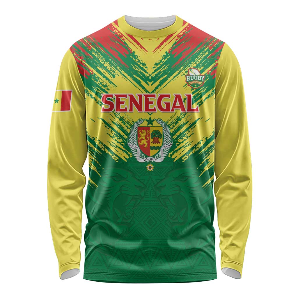 Senegal Rugby Custom Long Sleeve Shirt Lion With Coat Of Arms - African Pattern