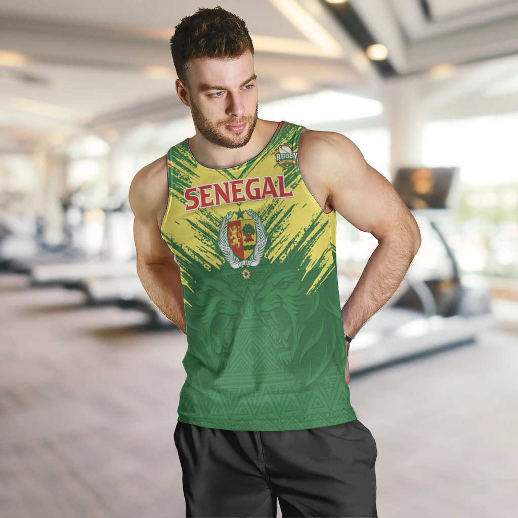 Senegal Rugby Custom Men Tank Top Lion With Coat Of Arms - African Pattern
